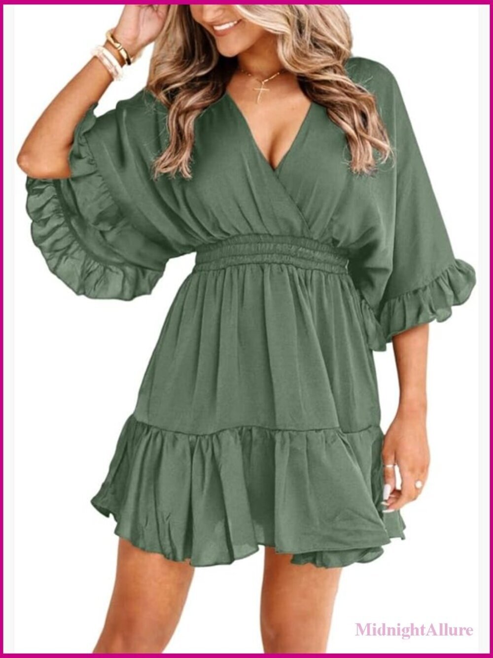 Womens V Neck Casual Dress Summer Loose High Waist Ruffle Pleated Mini